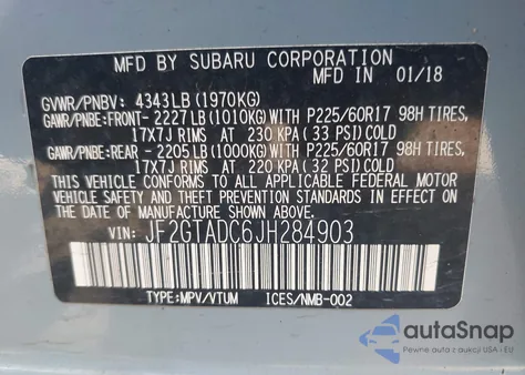 2018 Subaru Crosstrek Premium z USA, uszkodzony, nr VIN JF2GTADC6JH284903